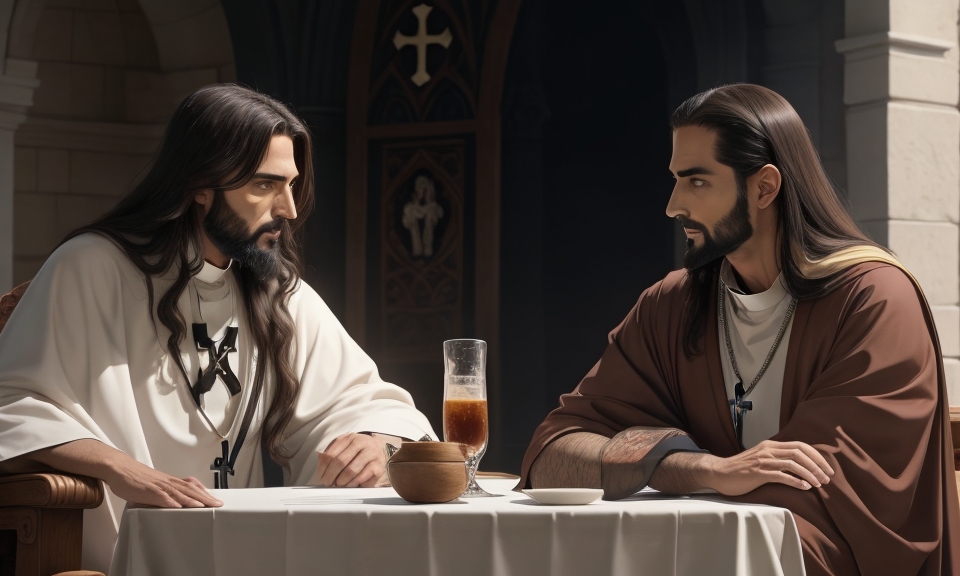 jesus chris and priest sitting together and discussing stoicism