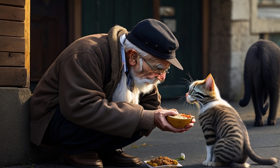 an old man giving food to a kitten