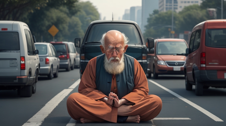 an old man doing meditation among a fleet of cars